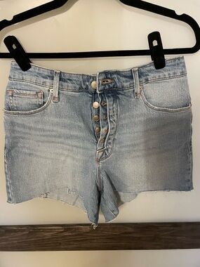Good American Light Blue High-Rise Button-Fly Denim Shorts